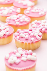 Colorful cupcakes on a pink background.