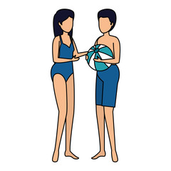young couple with swimsuit and balloon beach characters