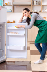 Young woman cleaning fridge in hygiene concept 