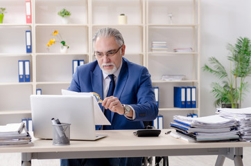 Aged employee in wheelchair working in the office 