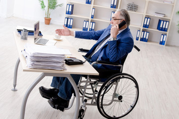 Aged employee in wheelchair working in the office 