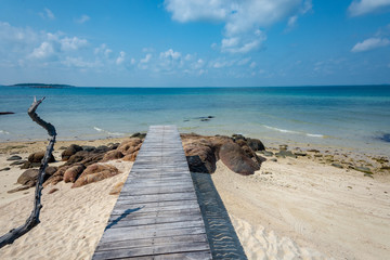 The wooden bridge on the white sand floor leading to the sea for relaxation, the background is the sky and the blue sea. And the sides have dry trees