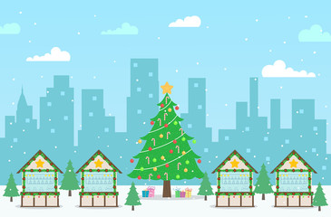 Christmas Market City Buildings Illustration