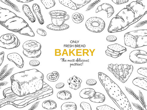 Bakery frame. Hand drawn bread and cookies banner for menu, sweet pies and cakes doodle design template. Vector vintage bakery set