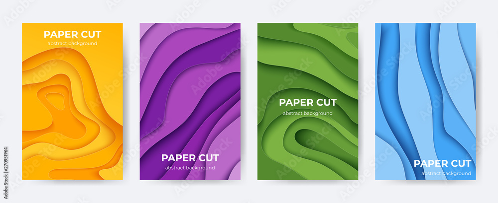 Poster paper cut posters. abstract 3d layer background with origami shapes, minimal color paper cutout flye
