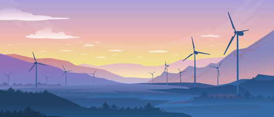 Mountain ecology landscape. Sustainable wind energy turbines silhouette with pine forest and mountains. Vector realistic powerful windmill on background nature sunset © SpicyTruffel