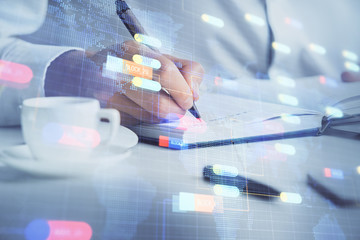 Human hands with tech theme double exposure drawings.