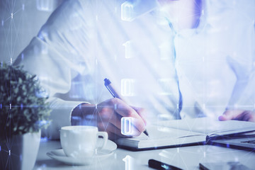 Human hands with tech theme double exposure drawings.