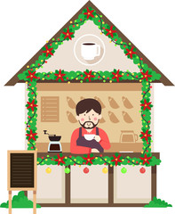 Man Coffee Stall Christmas Market Illustration