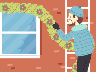 Man Decorate House Outdoor Christmas Illustration