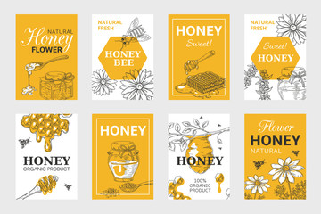 Honey sketch poster. Honeycomb and bees flyer set, organic food design, beehive, jar and flowers layout. Vector hand drawn image natural elements beeswax