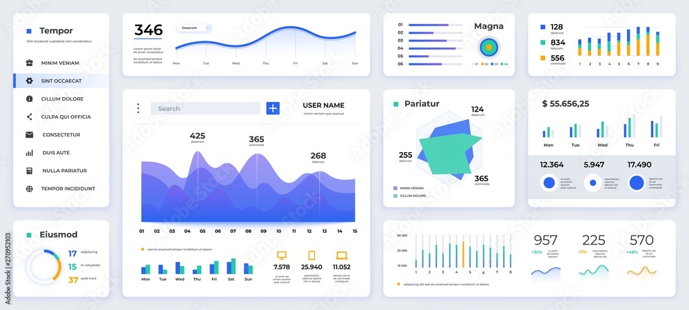 Poster Dashboard UI. Modern presentation with data graphs and HUD diagrams, clean and simple app interface. Vector abstract modern web UI design