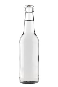 Clear white glass bottle Long Neck with a clear liquid. 12oz (11 oz) or 355 ml (330 ml) volume. Isolated 3D render on a white.