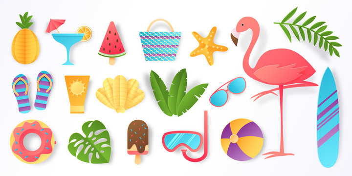 Paper Cut Summer Elements. Trendy Tropical Leaves Pink Flamingo And Beach Stickers. Vector Sun Ice Cream Ball Vacation Travel Icons Flat Illustration