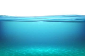Lake underwater surfaces. Relax blue horizon background under surface sea, clean natural view bottom pool with sun rays. Vector illustration ocean © SpicyTruffel