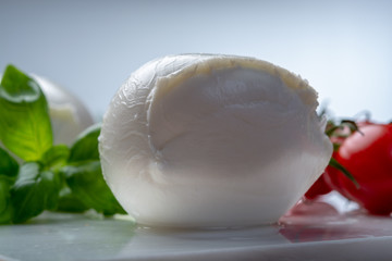Balls of buffalo mozzarella, soft Italian scheese made from the milk of Italian Mediterranean buffalo