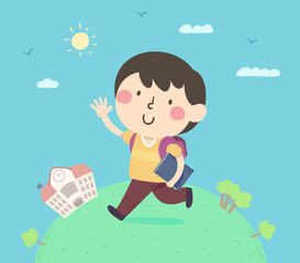 Kid Boy Hello Walk School Illustration