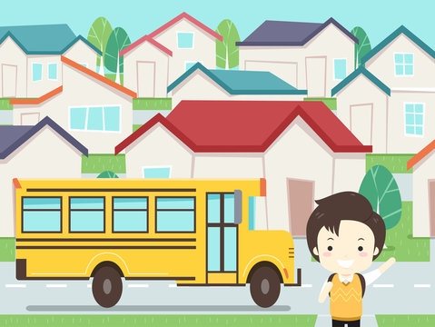 Kid Boy School Bus House Illustration