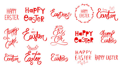 Big easter collection. Hand sketched set Happy Easter inscriptions with bunny. Typography lettering poster icon logotype. Red signs isolated white background. Vector illustration. Modern calligraphy