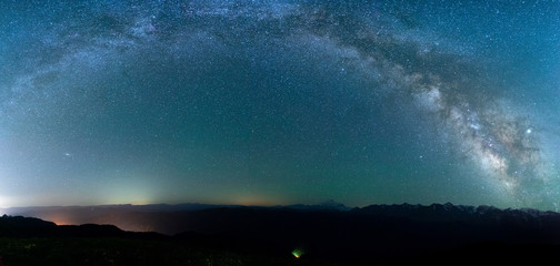 dark night sky with many stars and the milky way over the mountains