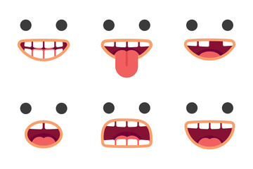 Cute trendy emoji smile crazy faces pack. Vector.