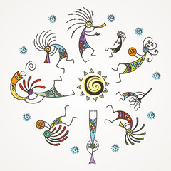 Hand drawn Kokopelli circle. Stylized mythical characters playing flutes.