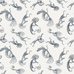 Hand drawn Kokopelli seamless pattern. Stylized mythical characters playing flutes.