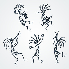 Hand drawn Kokopelli figures. Stylized mythical characters playing flutes.