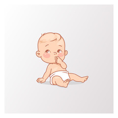 Cute little baby boy or girl in diaper sitting.. 