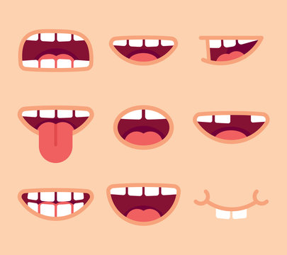 Set of funny mouths. Cartoon style. Vector