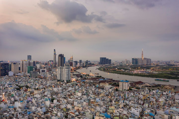 Panoramic Evening View of Ho Chi Minh City Financial District and Saigon River