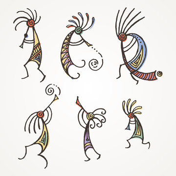 Hand drawn Kokopelli figures. Stylized mythical characters playing flutes.