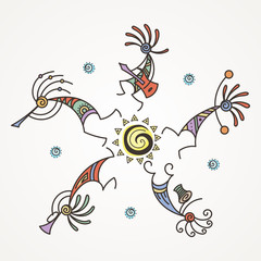 Hand drawn Kokopelli circle. Stylized mythical characters playing flutes.