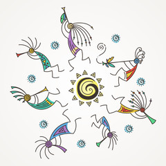 Hand drawn Kokopelli circle. Stylized mythical characters playing flutes.