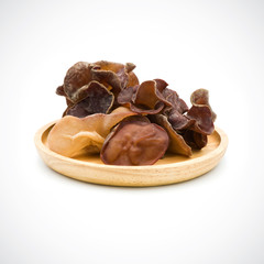 black fungus fresh In a wooden tray  on the white background