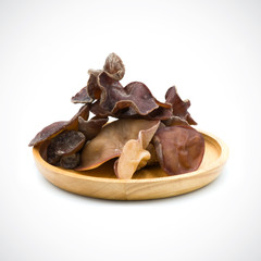 black fungus fresh In a wooden tray  on the white background
