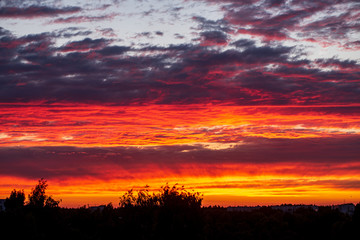 Fototapeta premium dramatic red sunset colors in the sky above trees and fields