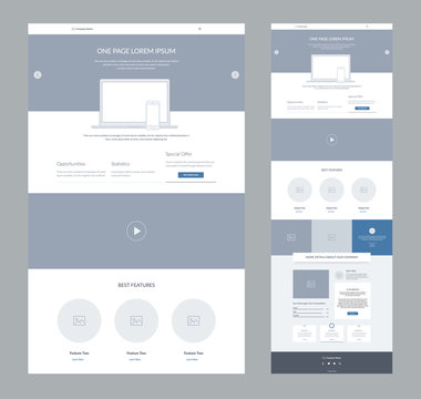 One page website design template for business. Landing page wireframe. Flat modern responsive design. Ux ui website template. Concept mockup layout for development. Best convert page.