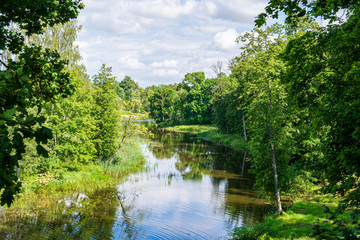 Obraz premium calm countryside lake river with cloud reflections in water and green shores