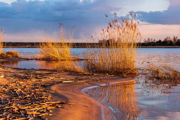 Fototapeta premium calm countryside lake river with cloud reflections in water and green shores