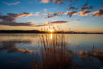 Fototapeta premium calm countryside lake river with cloud reflections in water and green shores