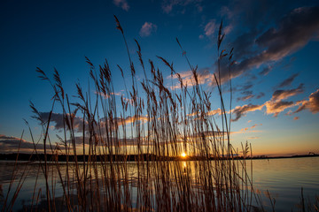 calm countryside lake river with cloud reflections in water and green shores