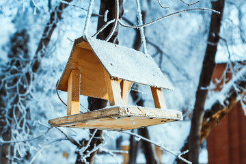 nesting box winter on background snow