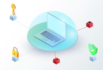 Laptop in glass dome with key, padlock, green shield and virus. Isometric 3d data protection or digital online security concept. Flat vector illustration. © cgterminal