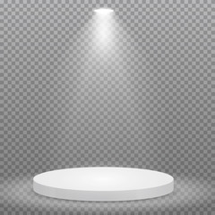 Round podium, pedestal or platform illuminated by spotlights on transparent background. Stage with scenic lights. Vector illustration.