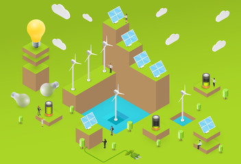 Wind turbines and solar panels on green ground, hills or islands with people. Concept of alternative ecology energy sources. Flat 3d isometric cartoon composition. Abstract minimalistic illustration.