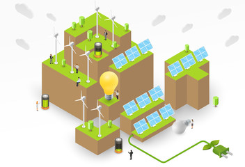 Wind turbines and solar panels on green ground, hills or islands with people. Concept of alternative ecology energy sources. Flat 3d isometric cartoon composition. Abstract minimalistic illustration.
