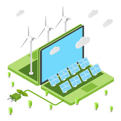 Wind turbines and solar panels on laptop. Concept of alternative ecology energy sources. Flat 3d isometric cartoon composition. Abstract minimalistic illustration.