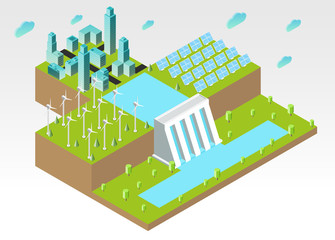 Wind turbines, solar panels and hydroelectric power station on green ground or hills. Concept of alternative ecology energy sources. Flat 3d isometric cartoon composition. Abstract illustration.
