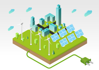 Solar panels, wind turbines with city buildings on green ground or island. Concept of alternative ecology energy sources. Flat 3d isometric cartoon composition. Abstract minimalistic illustration.